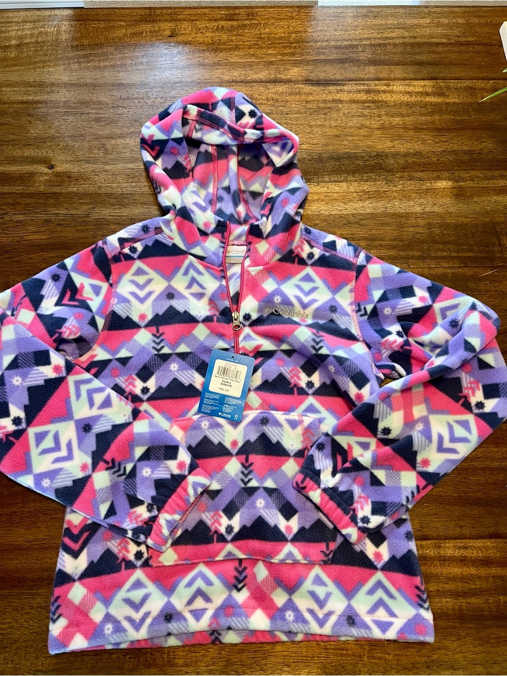 NWT Girls' Fleece Columbia Half-Zip Hoodie - Pink & Purple Geometric